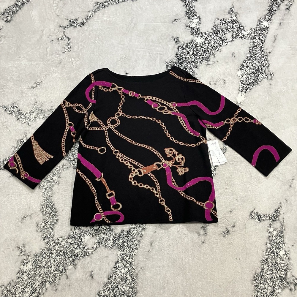 Chico's Status Jacquard Boat‎ Neck Sweater Womens Size 2/L Chain Print NWT